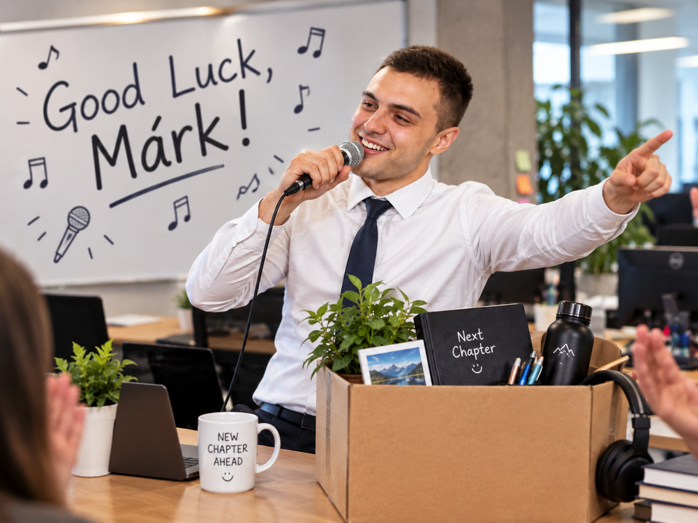 Horváth Kávai Márk singing into a microphone at a desk, beside a box of packed-up office things, under a whiteboard reading Good Luck, Márk!